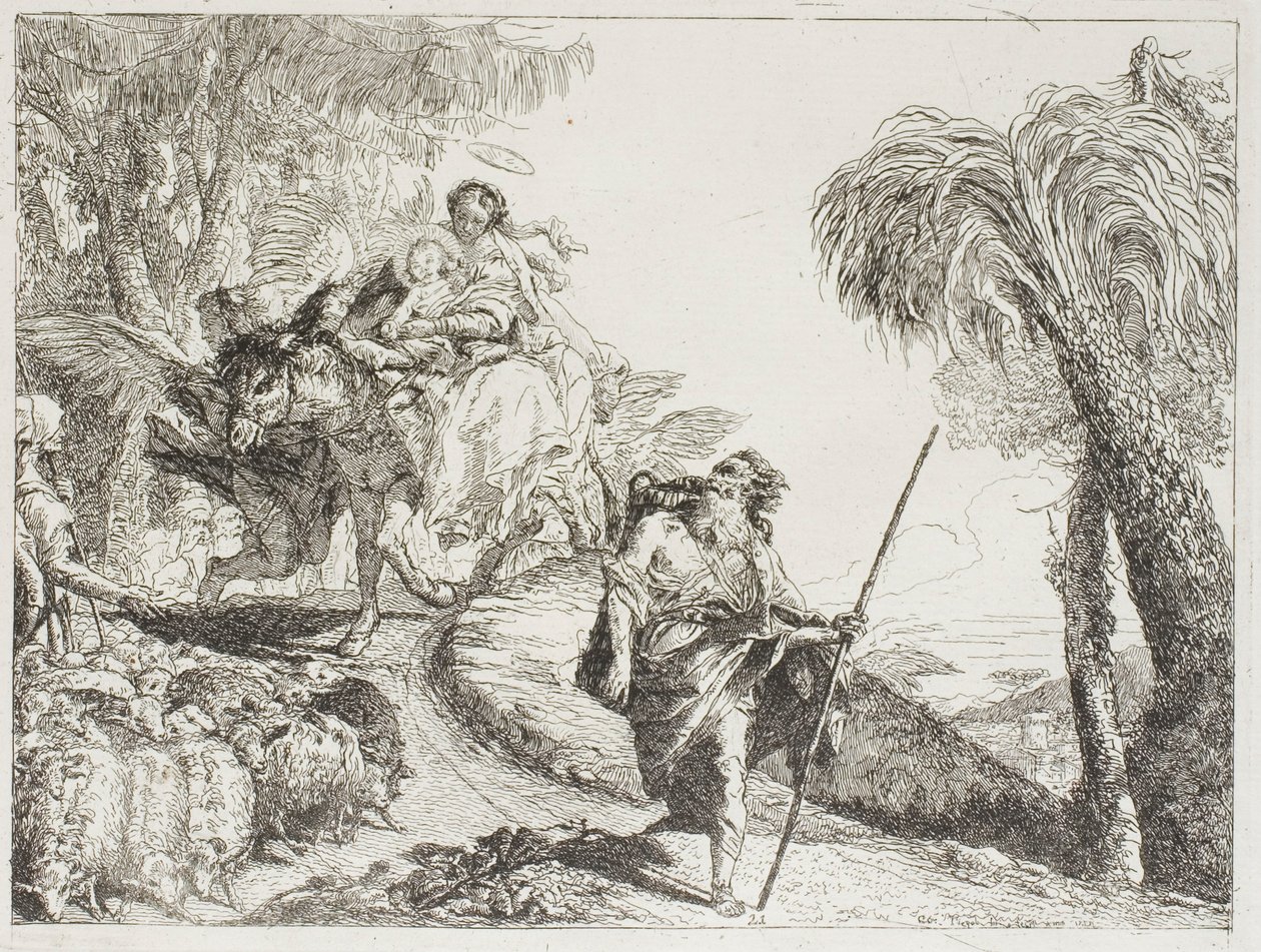 Den hellige familie på vei nedover en skogssti, nær en flokk og noen hyrder, plate 21 fra The Flight into Egypt av Giovanni Domenico Tiepolo