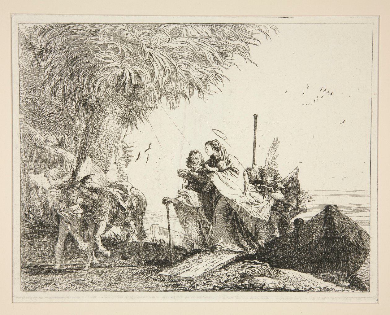 The Holy Family Disembarking, fra serien Picturesque Ideas over the Flight into Egypt (Flight into Egypt) av Giovanni Domenico Tiepolo
