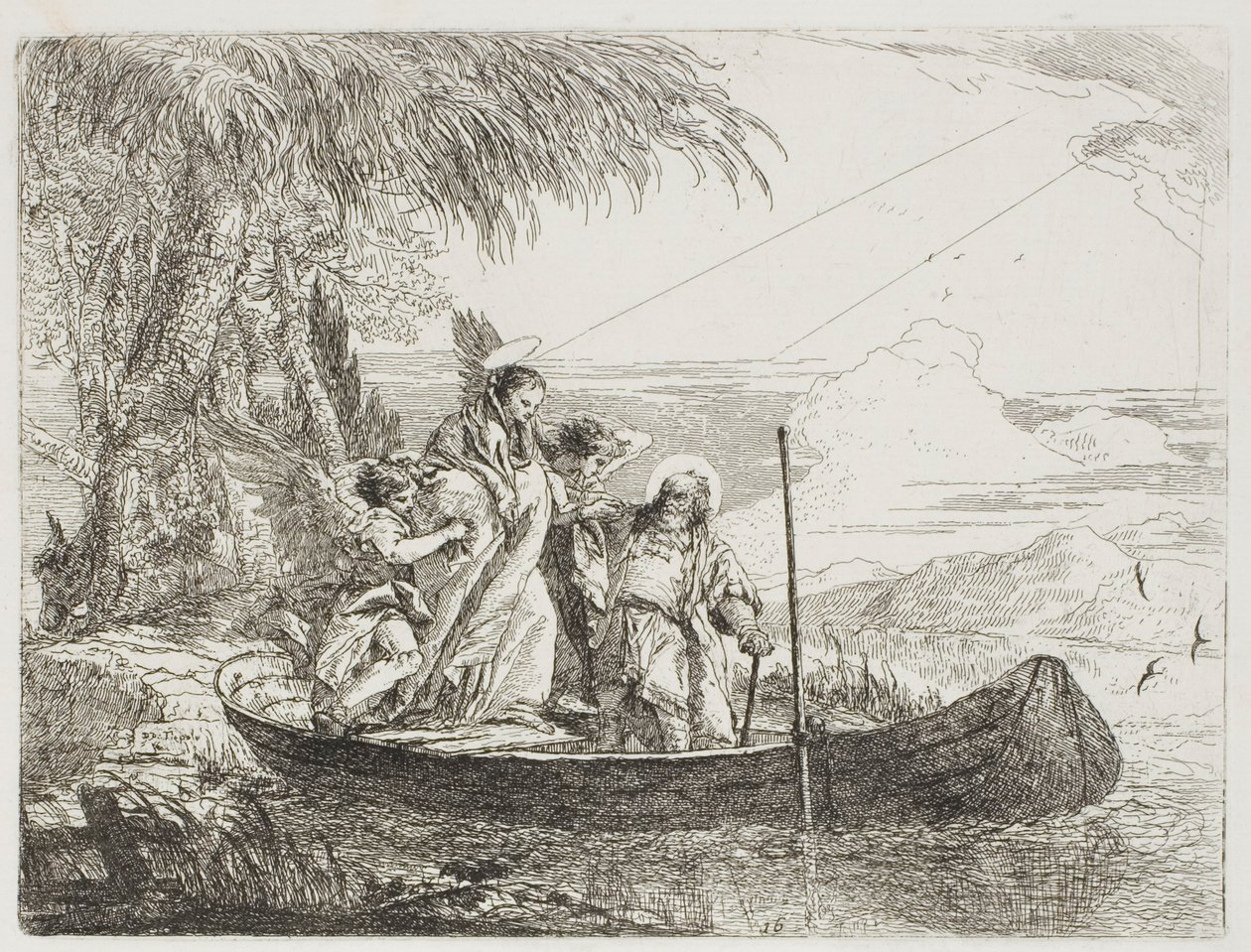 Den hellige familie går inn i båten med englenes hjelp, plate seksten fra The Flight into Egypt av Giovanni Domenico Tiepolo