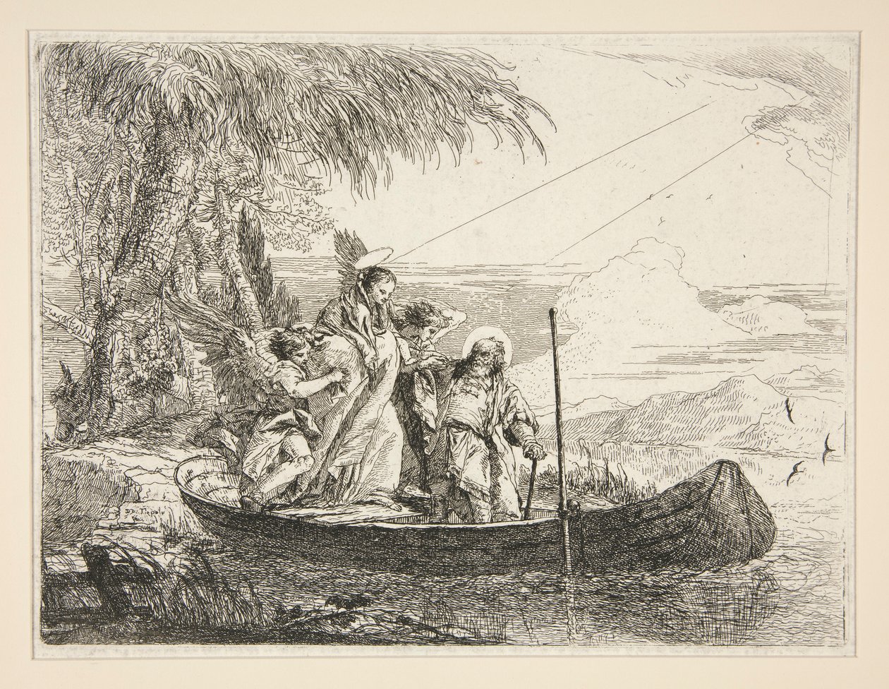 The Holy Family Enters a Boat, fra serien Idee pittoresche sopra la fuga in Egitto (Flight into Egypt) av Giovanni Domenico Tiepolo