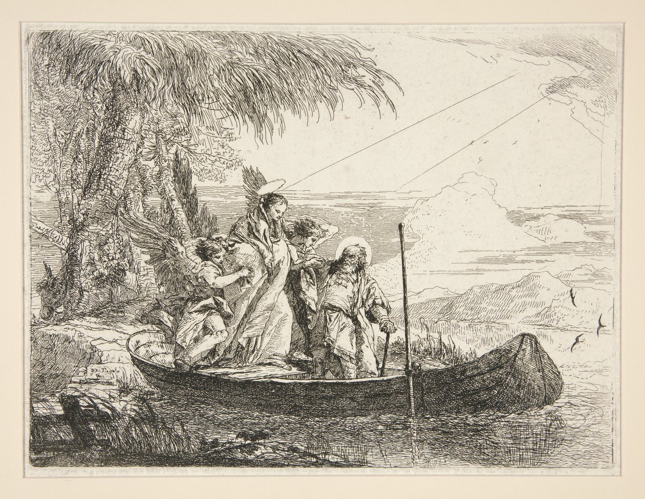 Den hellige familie går om bord i en båt, fra serien Idee pittoresche sopra la fuga in Egitto (Flukten til Egypt) av Giovanni Domenico Tiepolo