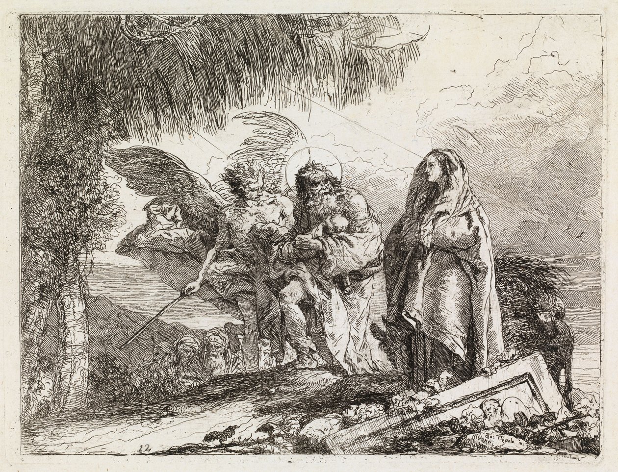 Den hellige familie ledsaget av en engel (Flukten til Egypt XII) av Giovanni Domenico Tiepolo