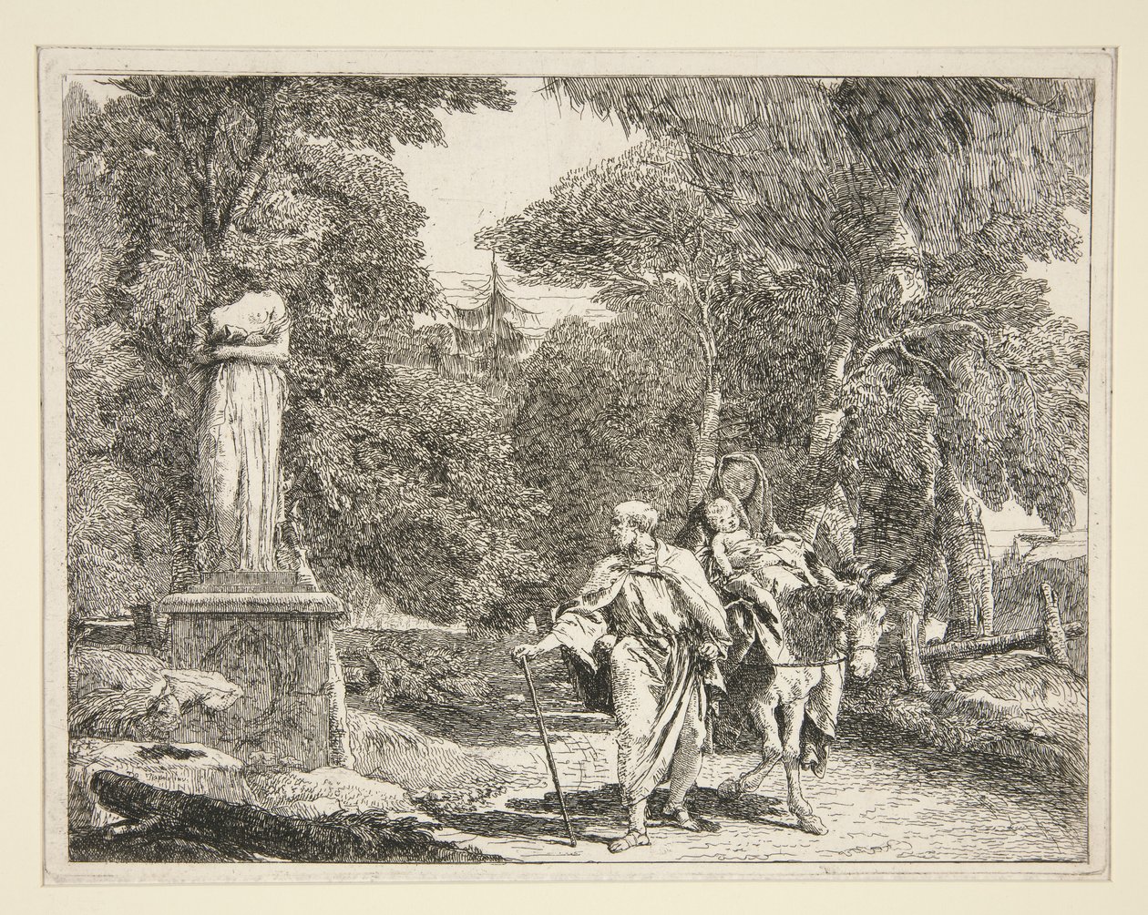 The Holy Family Passing Near a Statue, fra serien Idee pittoresche sopra la fuga in Egitto (Flight into Egypt) av Giovanni Domenico Tiepolo