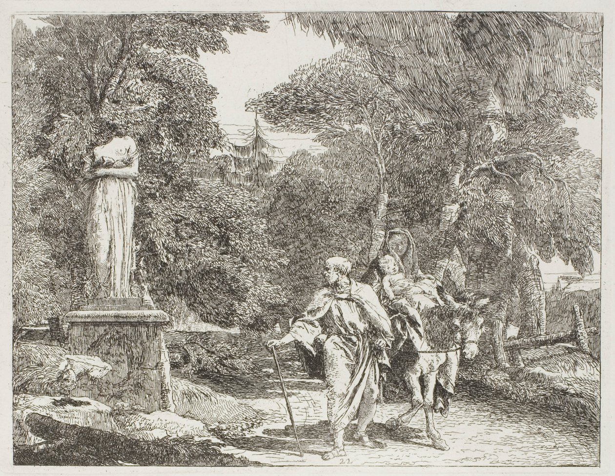 Den hellige familie passerer en statue, hvis hode faller til bakken, plate 22 fra The Flight into Egypt av Giovanni Domenico Tiepolo
