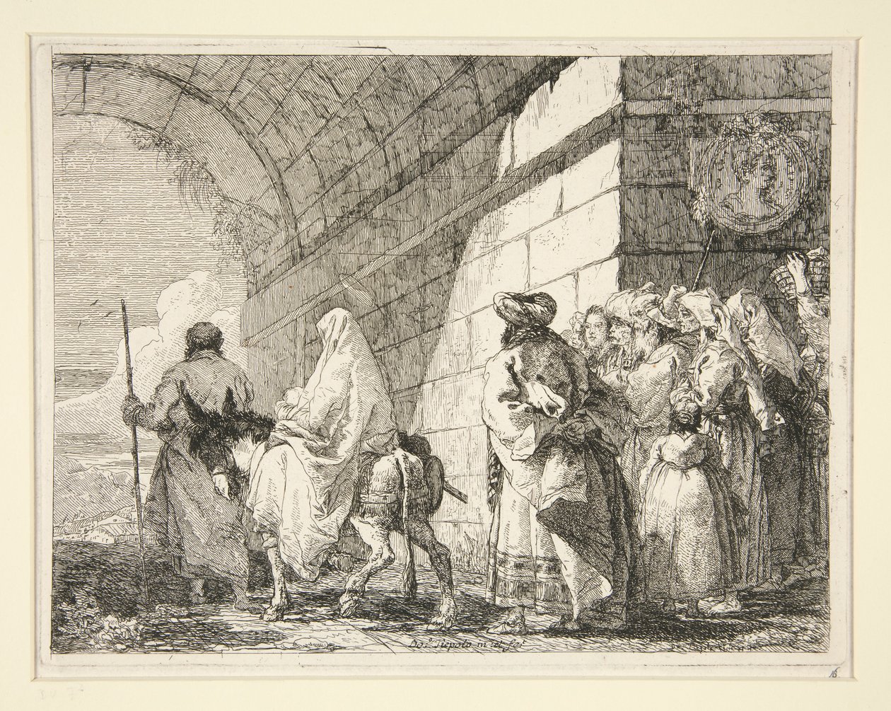 The Holy Family Passing under an Arch, Leaving by a City Gate, fra serien Idee pittoresche sopra la fuga in Egitto (Flight into Egypt) av Giovanni Domenico Tiepolo