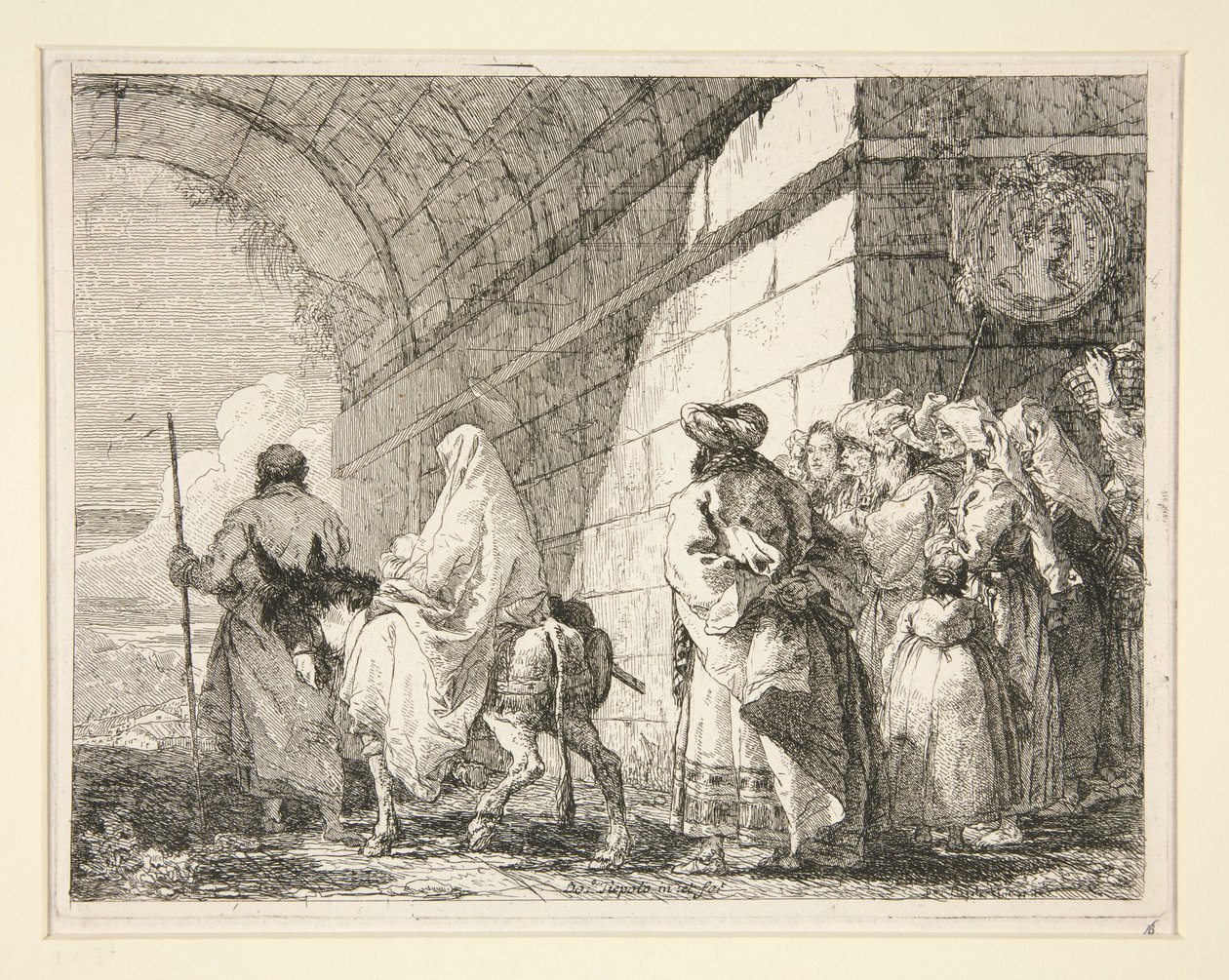 Den hellige familie passerer under en bue og forlater byen gjennom en byport, fra serien Idee pittoresche sopra la fuga in Egitto (Flukten til Egypt) av Giovanni Domenico Tiepolo