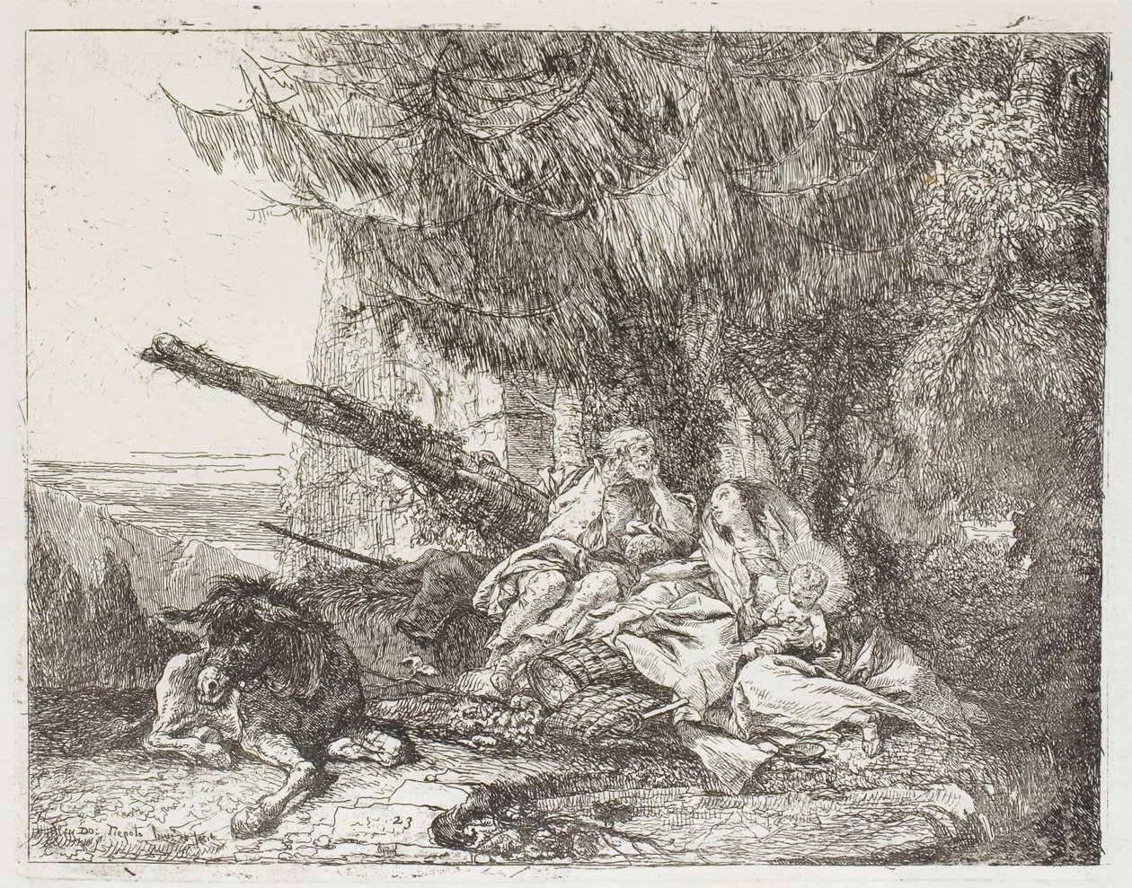 The Holy Family Resting in a Wood, plate 23 fra The Flight into Egypt av Giovanni Domenico Tiepolo