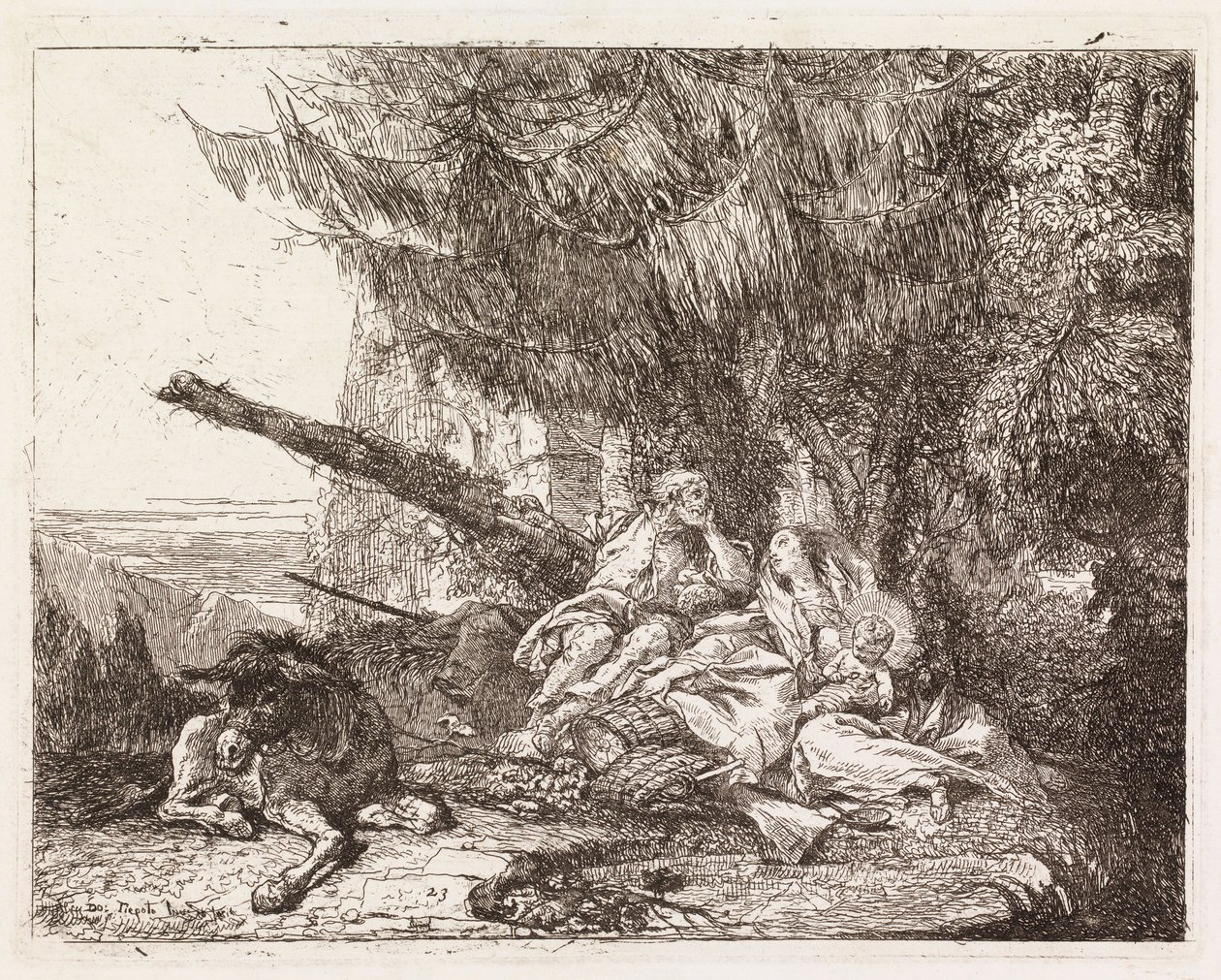 Den hellige familie hvilende under et grantre (Flukten til Egypt XXIII) av Giovanni Domenico Tiepolo