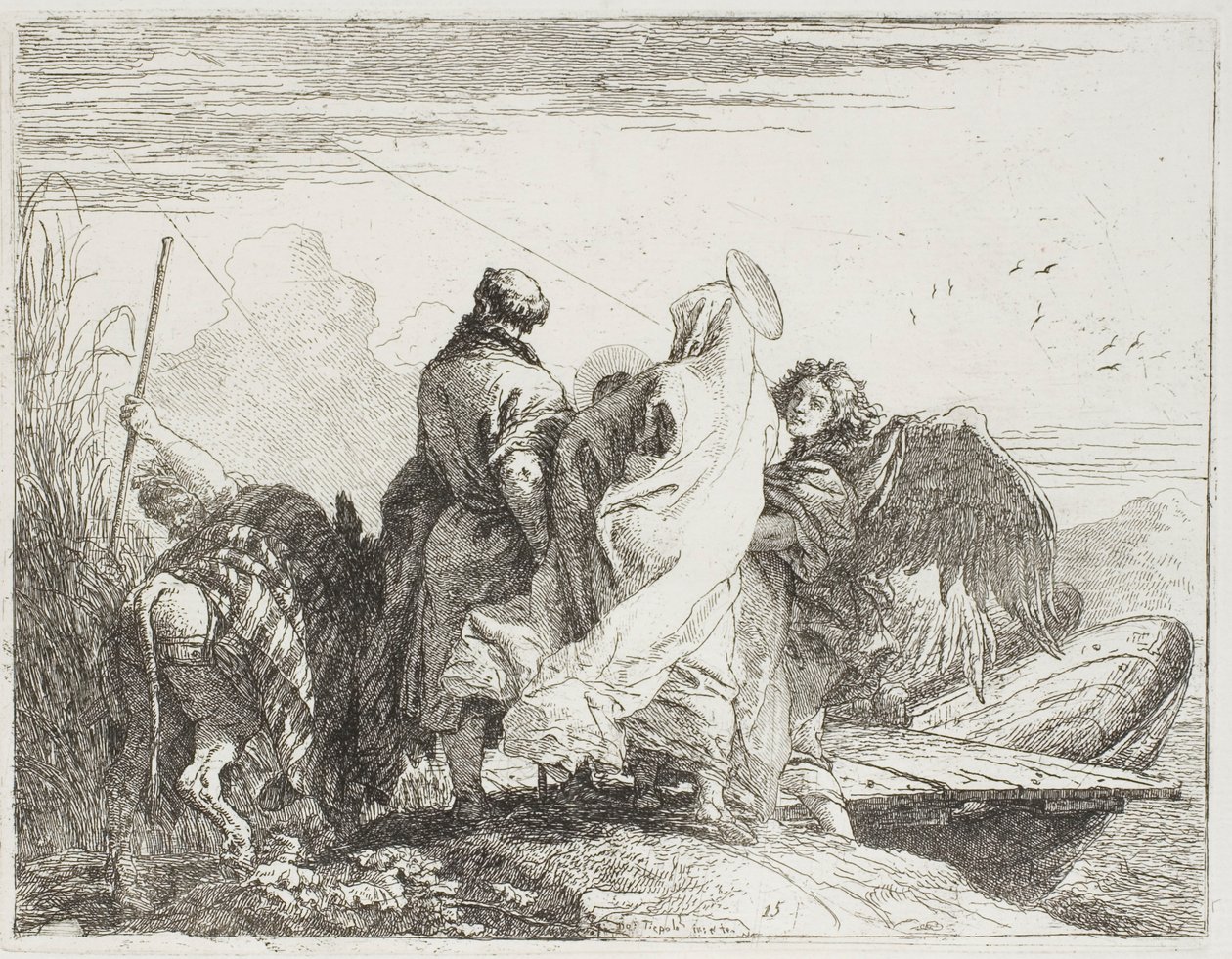 Den hellige familie går av banken, tallerken femten fra The Flight into Egypt av Giovanni Domenico Tiepolo