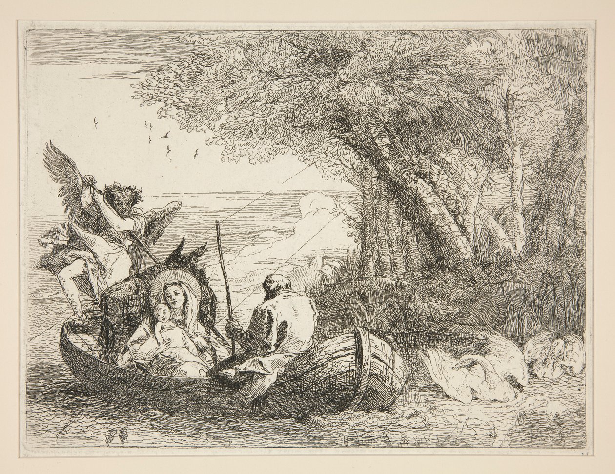 The Holy Family Traveling by Boat, fra serien Idee pittoresche sopra la fuga in Egitto (Flight into Egypt) av Giovanni Domenico Tiepolo