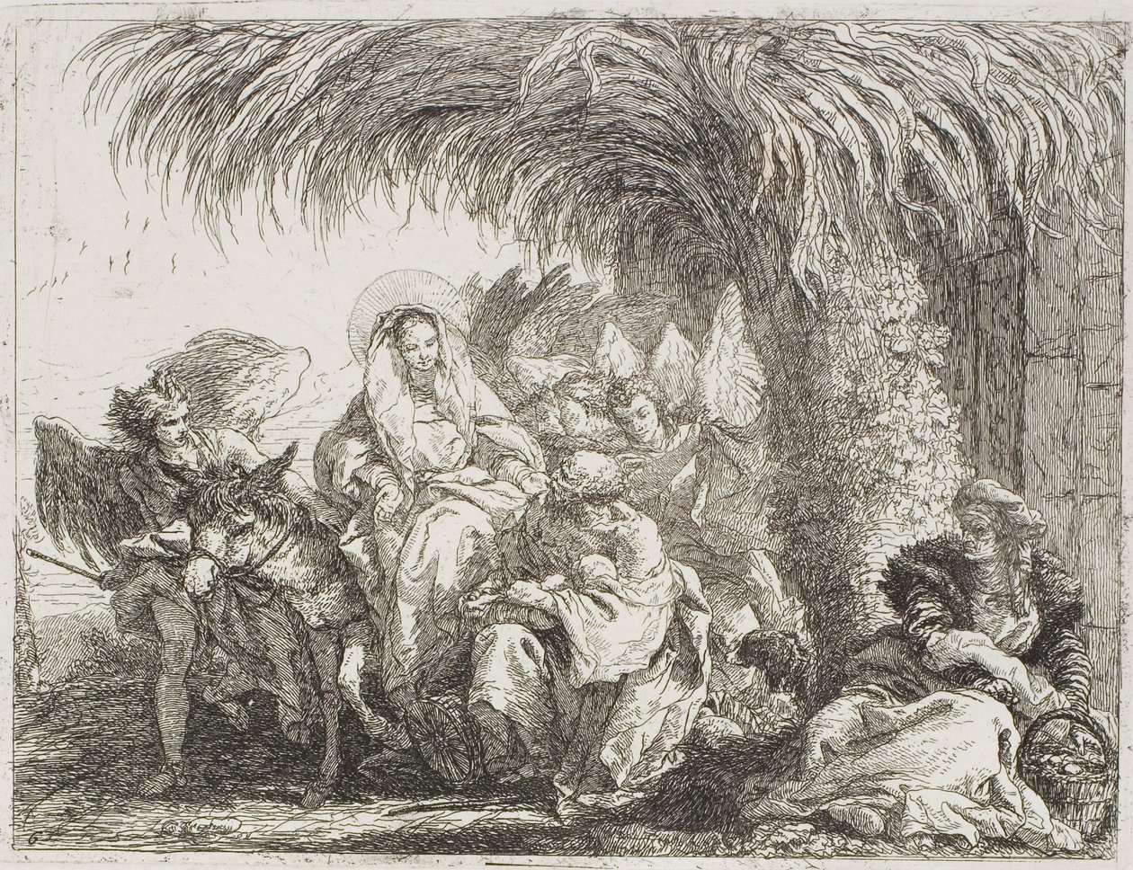 Den hellige familien under et palmetre, tallerken seks fra The Flight into Egypt av Giovanni Domenico Tiepolo