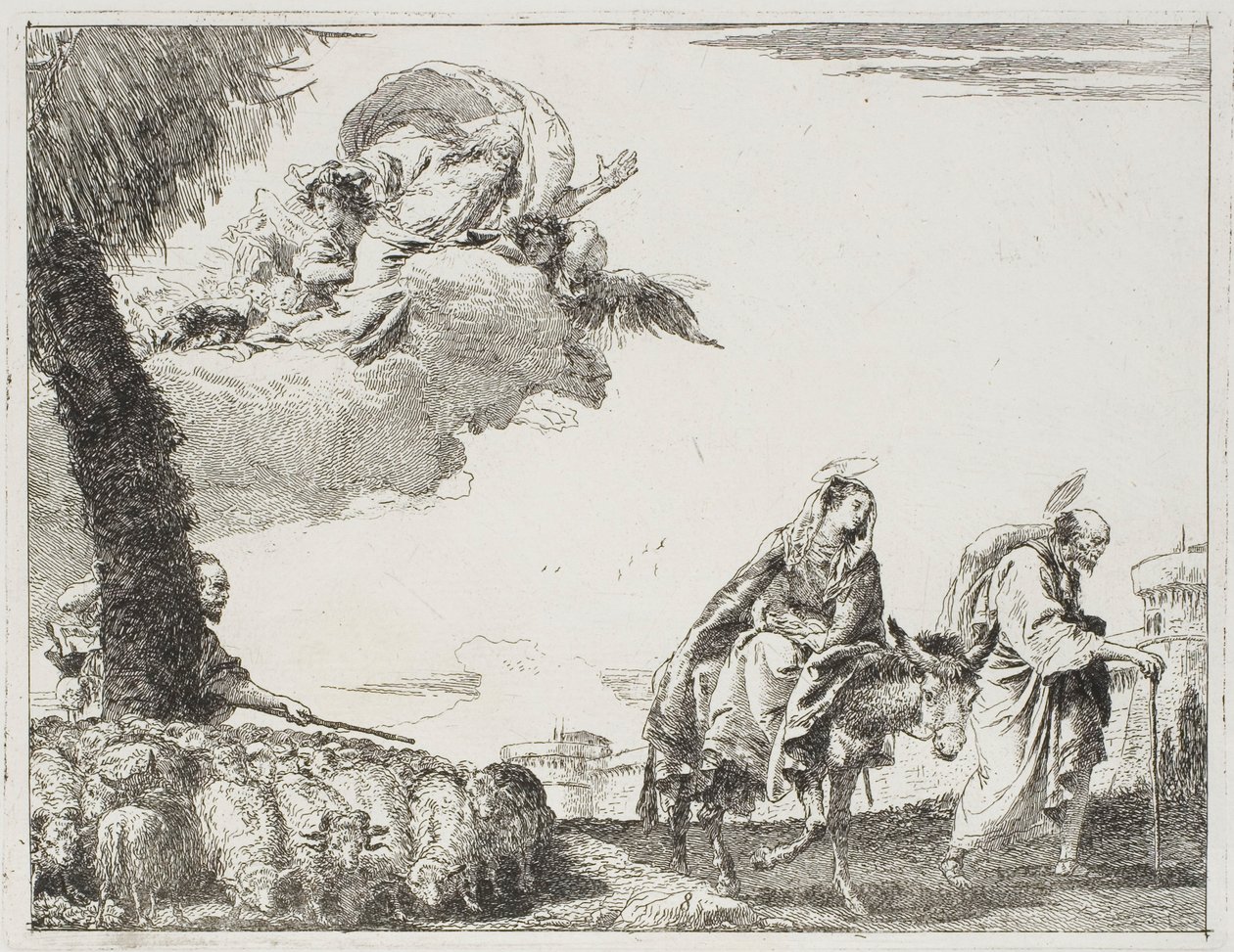 Den hellige familie går langs en bymur. Til venstre, en hyrde med flokken sin og Gud Faderen, plate åtte fra Flukten til Egypt av Giovanni Domenico Tiepolo