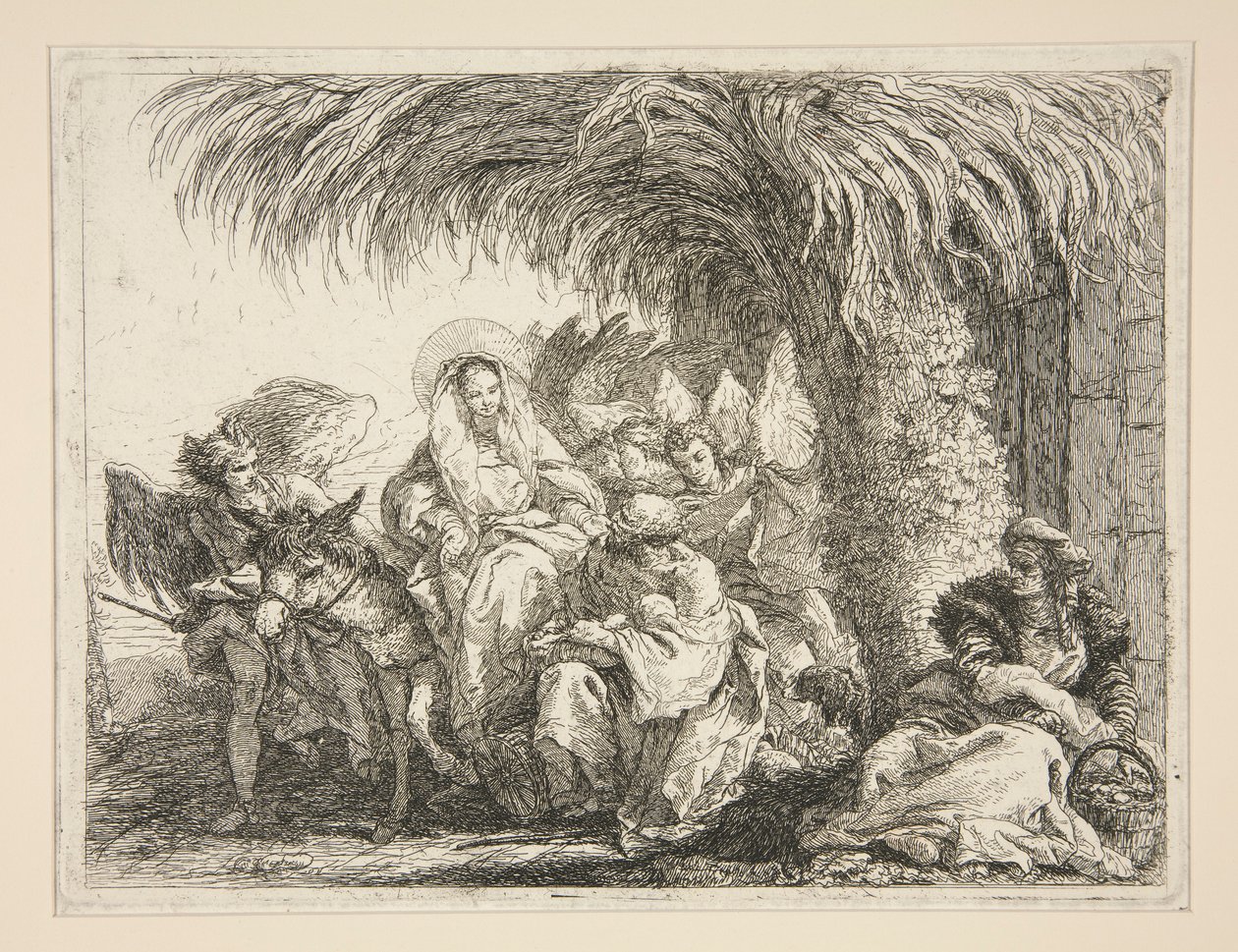 The Holy Family under a Palm Tree, fra serien Idee pittoresche sopra la fuga in Egitto (Flight into Egypt) av Giovanni Domenico Tiepolo