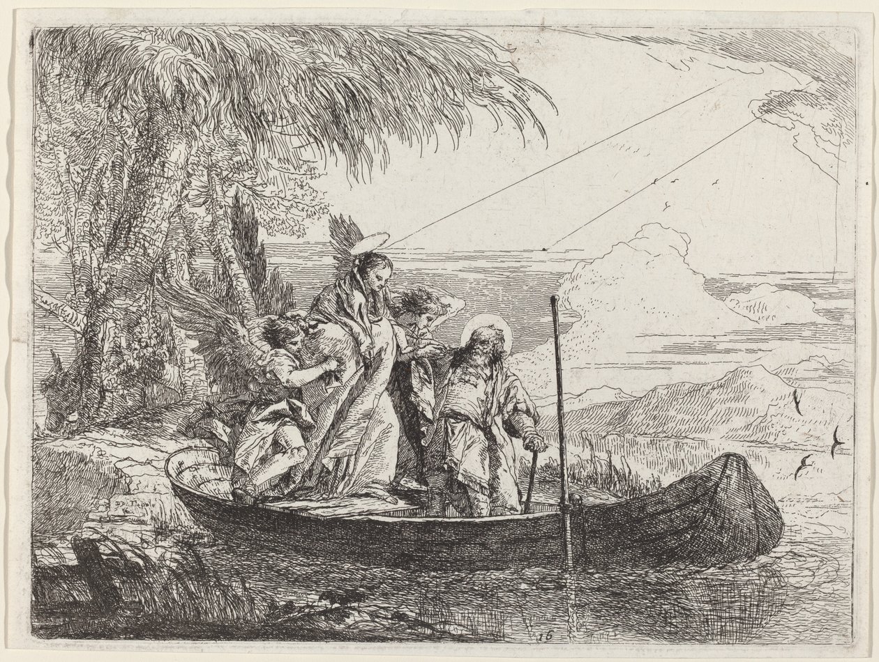 Madonnaen, barnet og englene kommer inn i båten av Giovanni Domenico Tiepolo