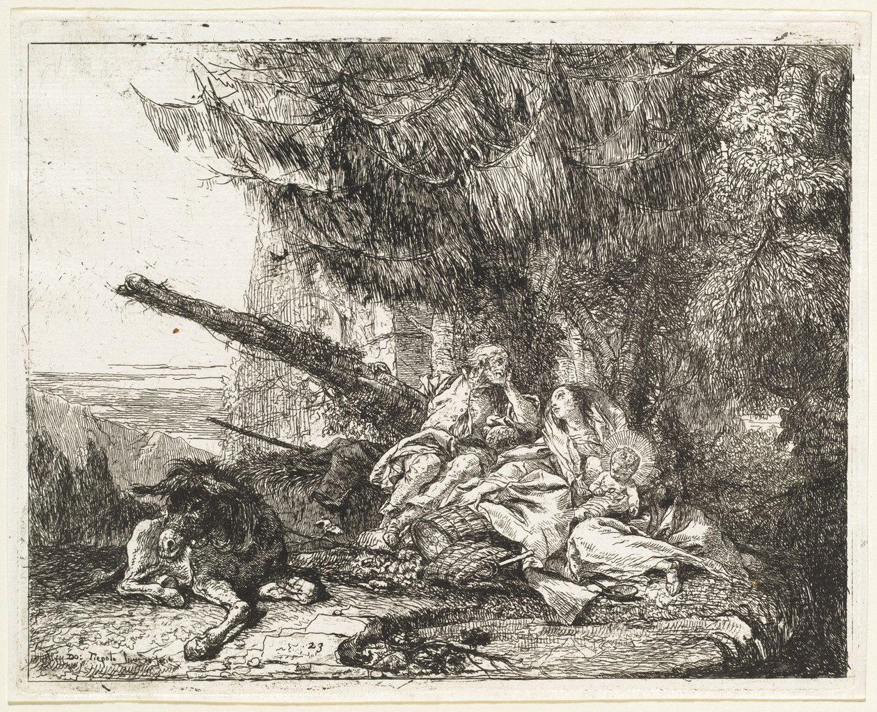 Resten på flukt, med hellig familie under et tre av Giovanni Domenico Tiepolo