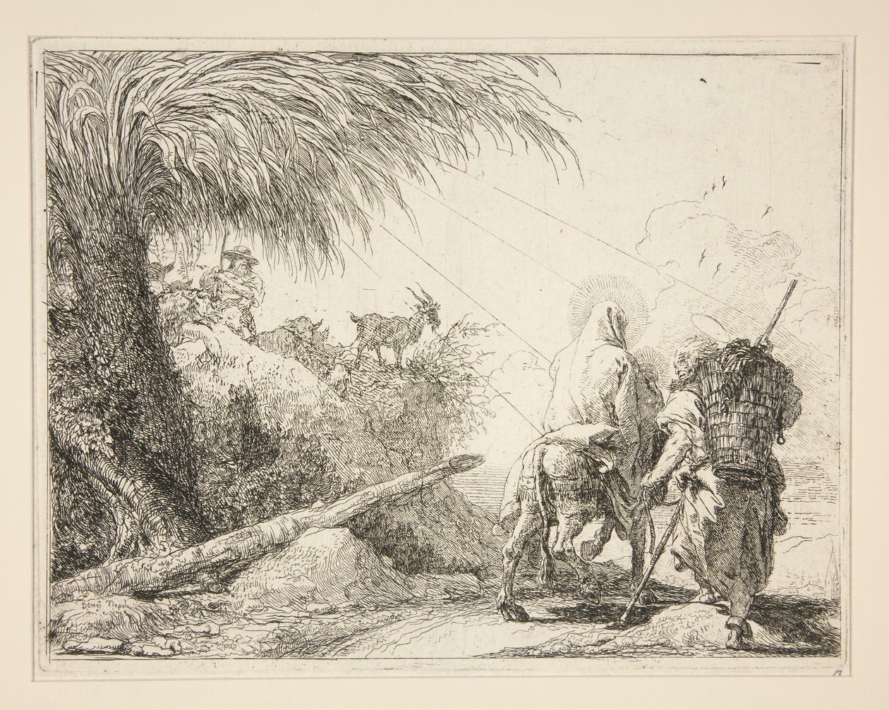 Jomfruen, montert på eselet og sett fra baksiden, fra serien Idee pittoresche sopra la fuga in Egitto (Flight into Egypt) av Giovanni Domenico Tiepolo