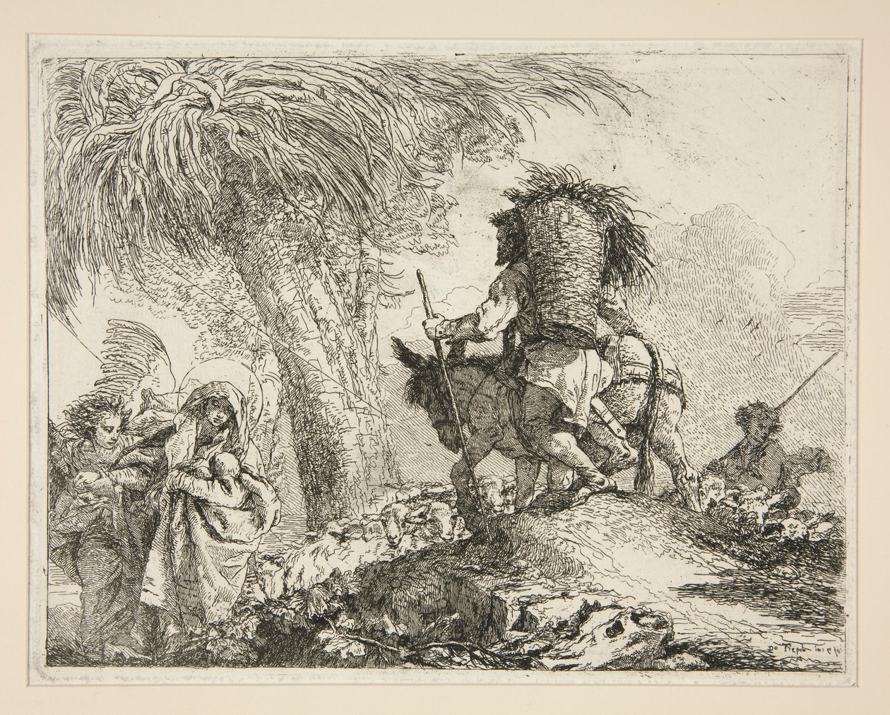 Jomfruen og barnet med Josef, fra serien Idee pittoresche sopra la fuga in Egitto (Flight into Egypt) av Giovanni Domenico Tiepolo