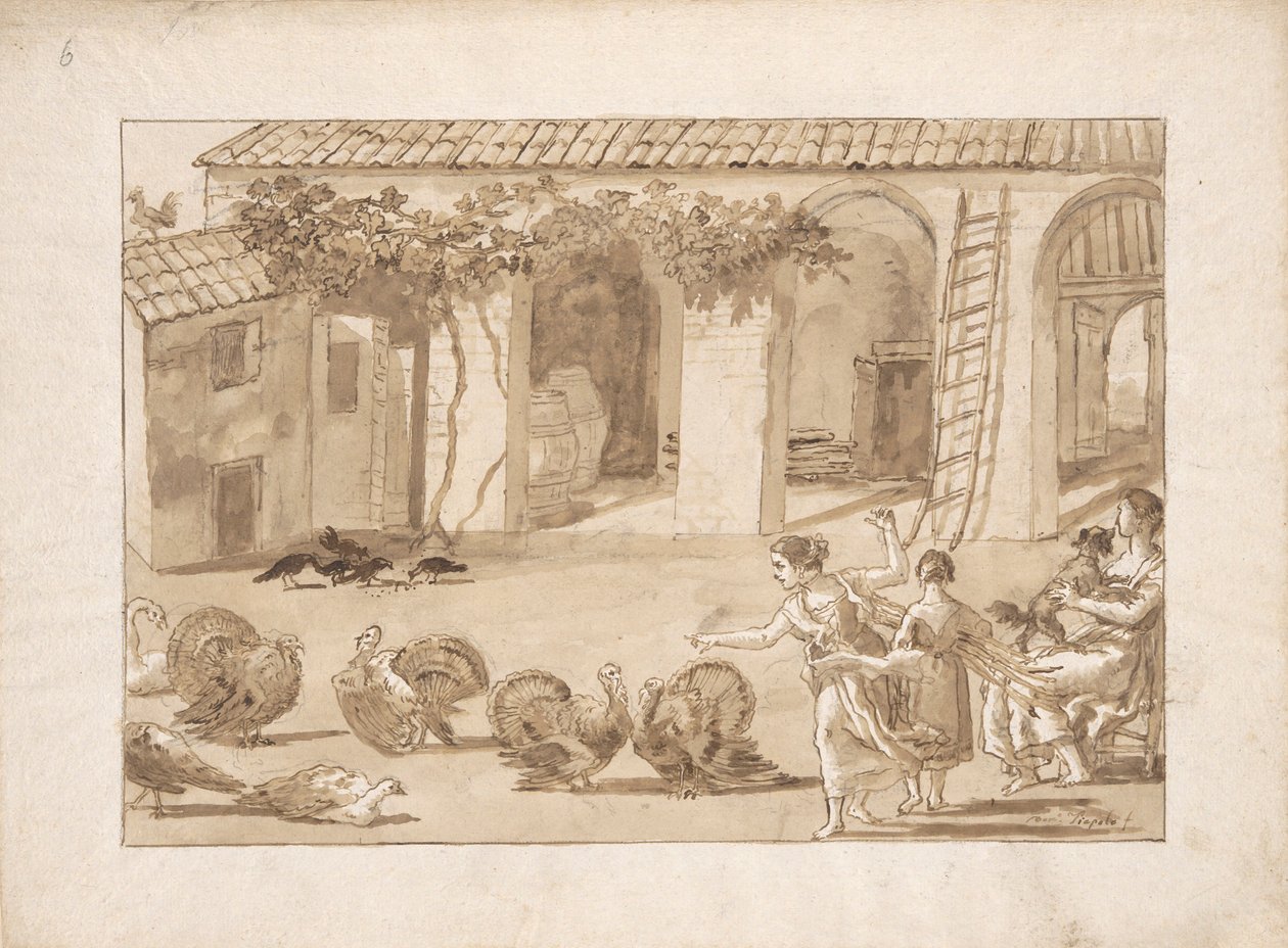 Kalkuner i en venetiansk gård, den tredje tegningen i Tiepolo av Giovanni Domenico Tiepolo