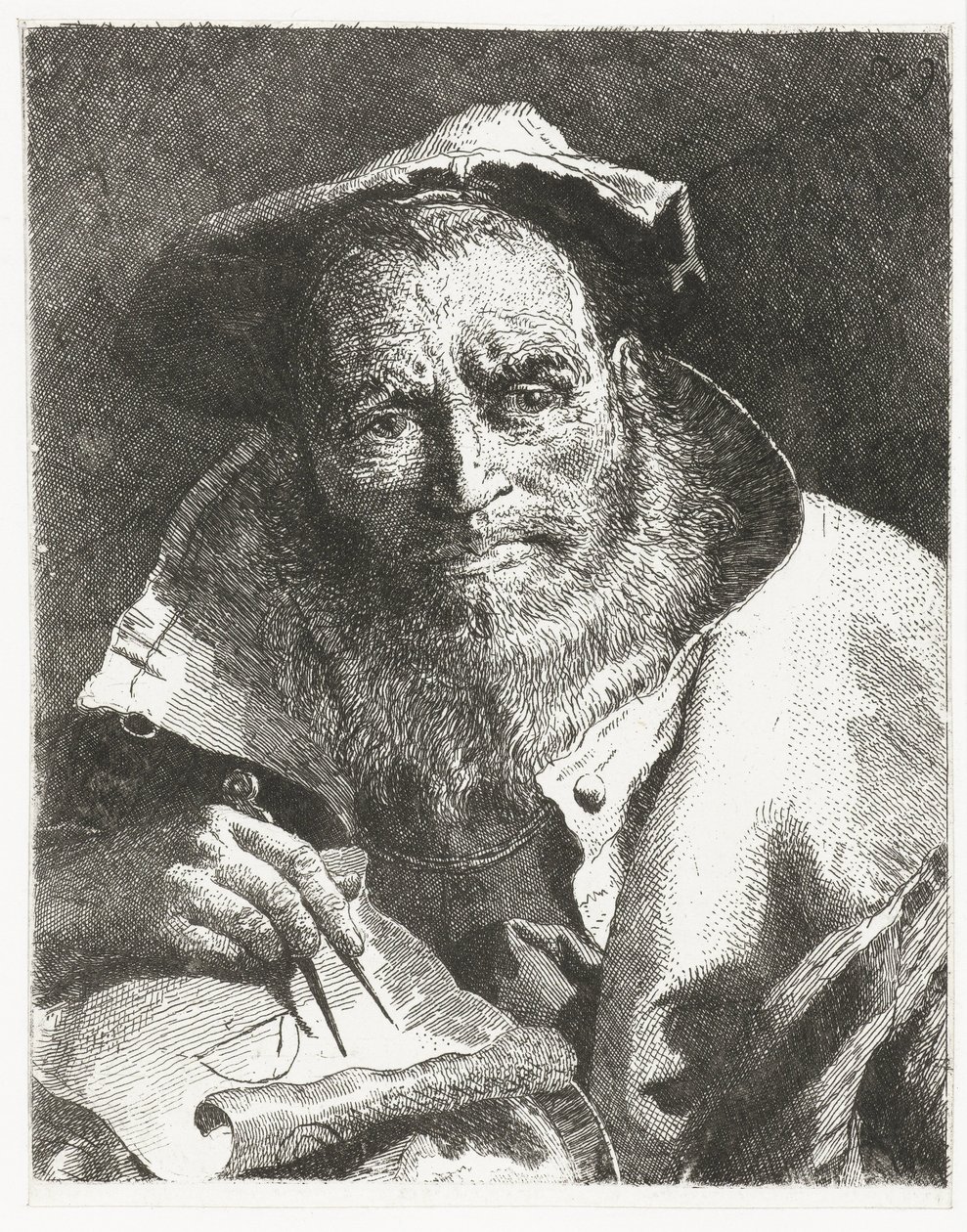 Forsker med beret på hodet og kompass i hånden Samling av hoder (serietittel) Raccolta di Teste (serietittel) av Giovanni Domenico Tiepolo