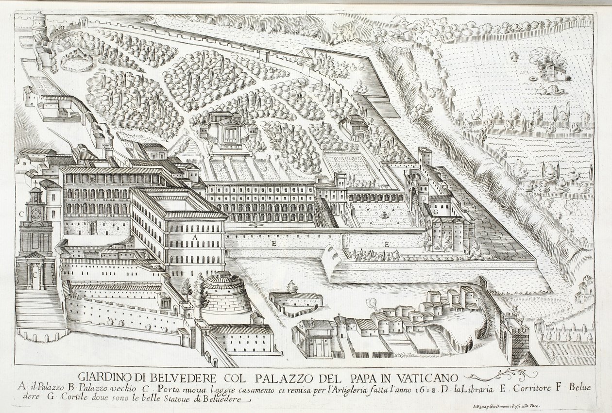 Utsikt over Belvedere-hagene i pavepalasset, Vatikanet av Giovanni Domenico de