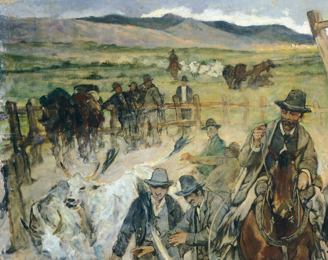 Branding av unge okser i Maremma, ca 1887, av Giovanni Fattori (1825-1908), 86x172 cm, detalj av Giovanni Fattori