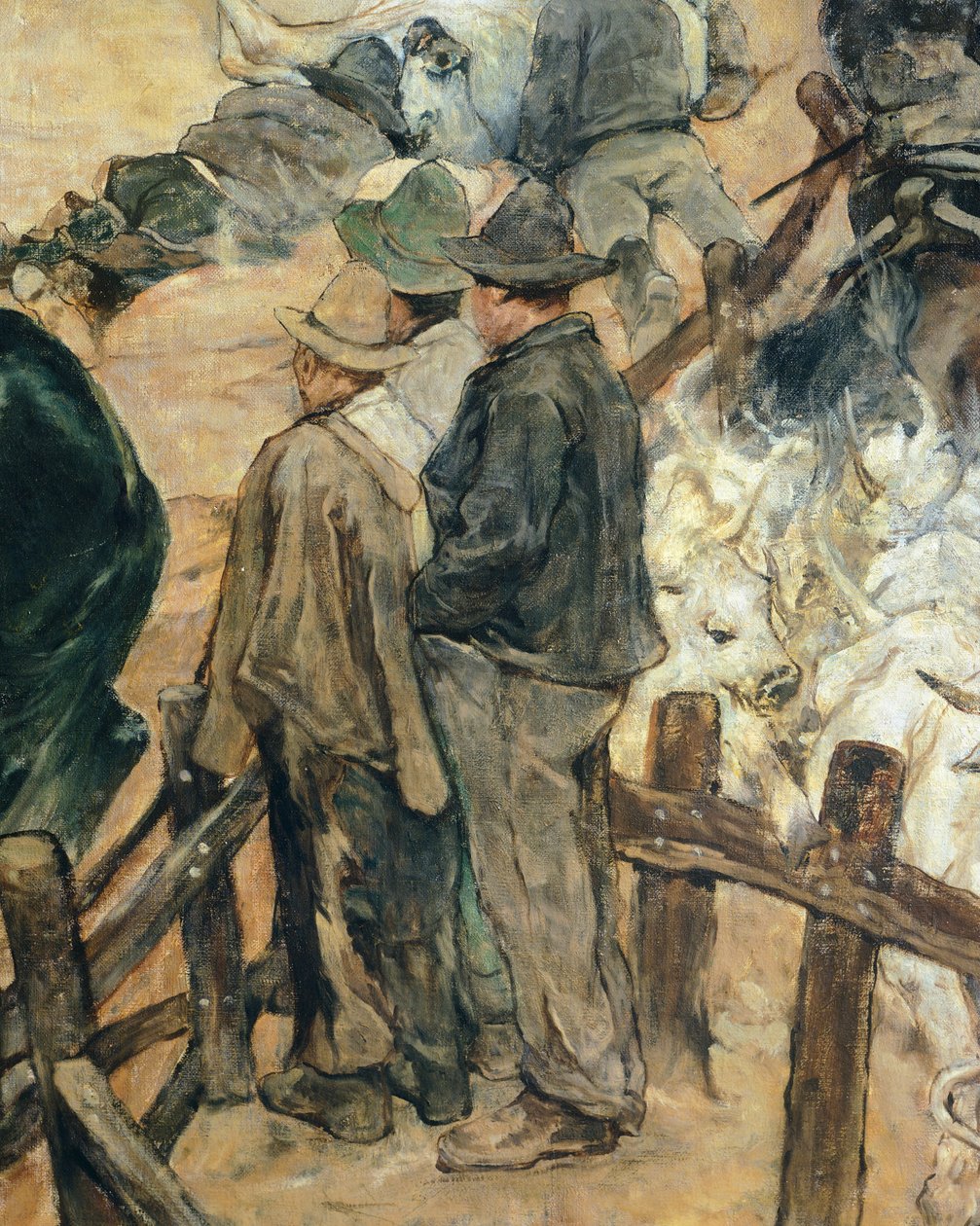 Branding av unge okser i Maremma, ca. 1887, av Giovanni Fattori (1825-1908), 86x172 cm, detalj av Giovanni Fattori