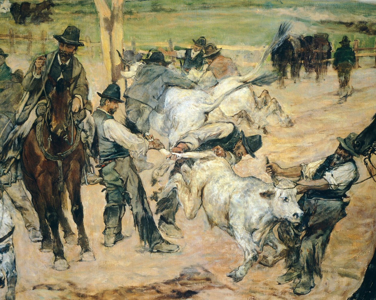 Branding av unge okser i Maremma, ca. 1887, av Giovanni Fattori (1825-1908), 86x172 cm, detalj av Giovanni Fattori