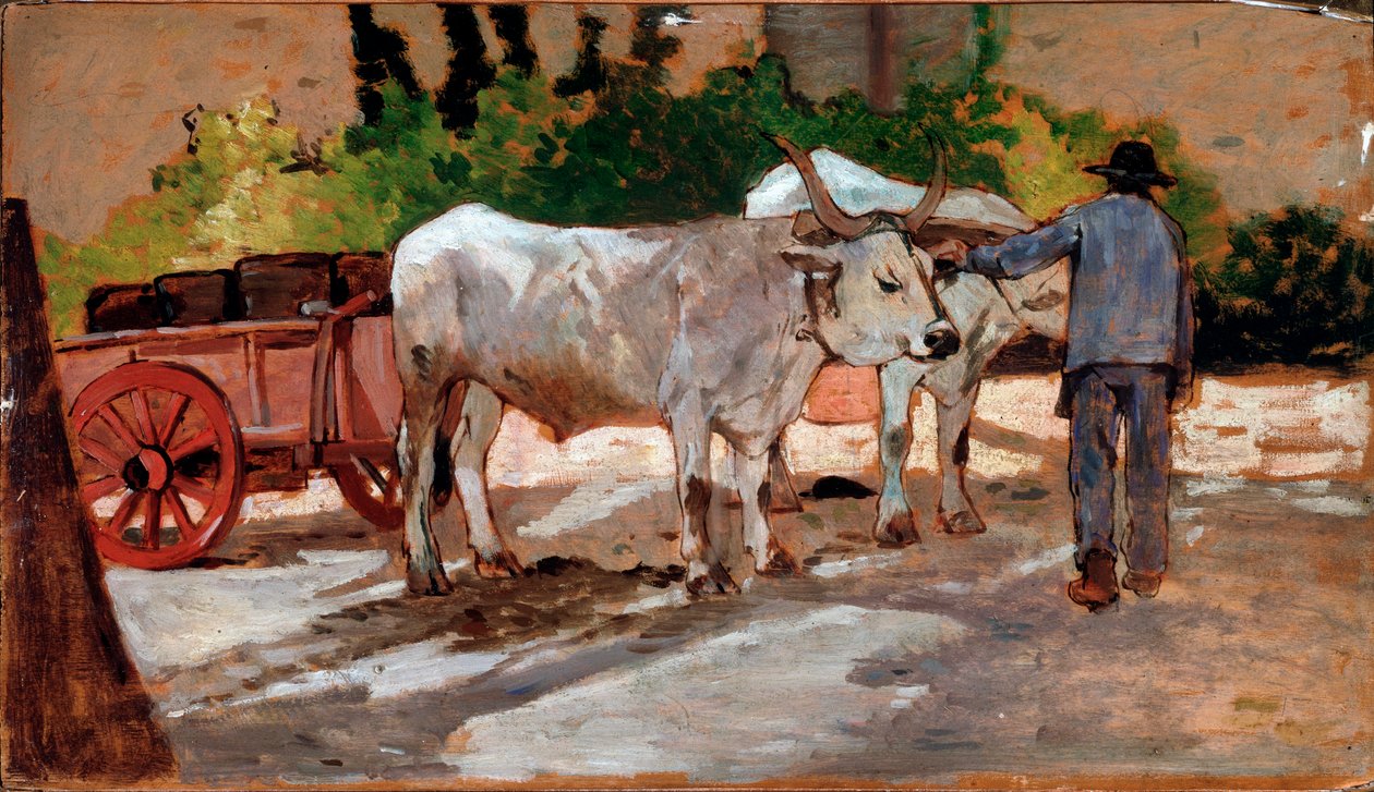 Vogn med okser og bonde - Maleri av Giovanni Fattori