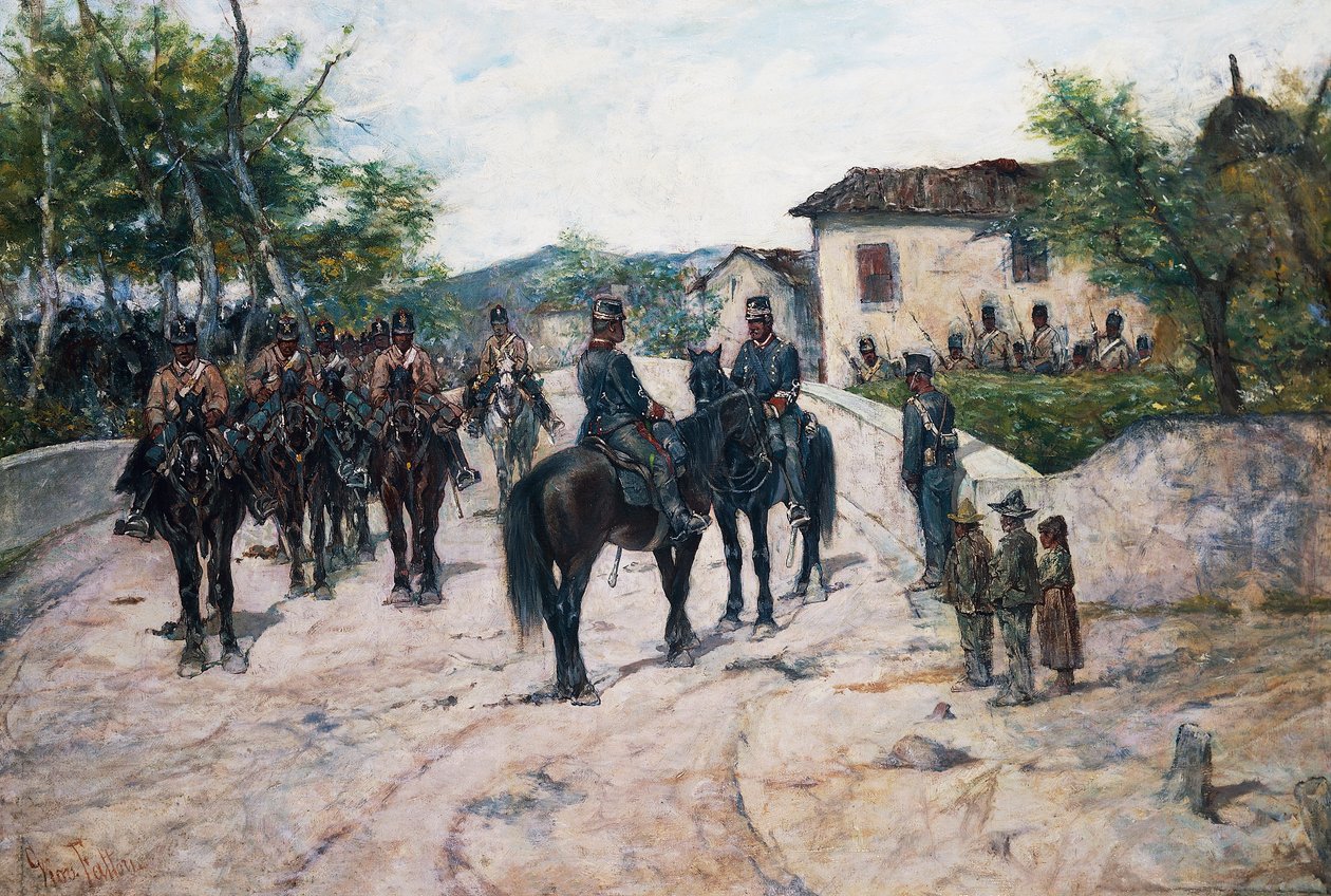 Kavaleristopp, ca 1890, av Giovanni Fattori, olje på lerret, 55x80 cm av Giovanni Fattori