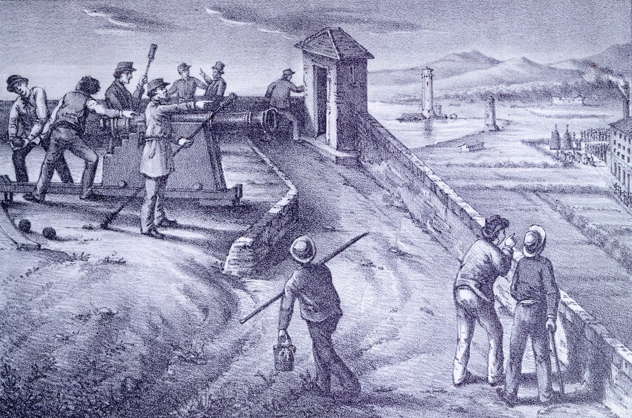 Forsvar av Livorno fra Fort San Pietro, av Giovanni Fattori (1825-1908), gravering av Giovanni Fattori