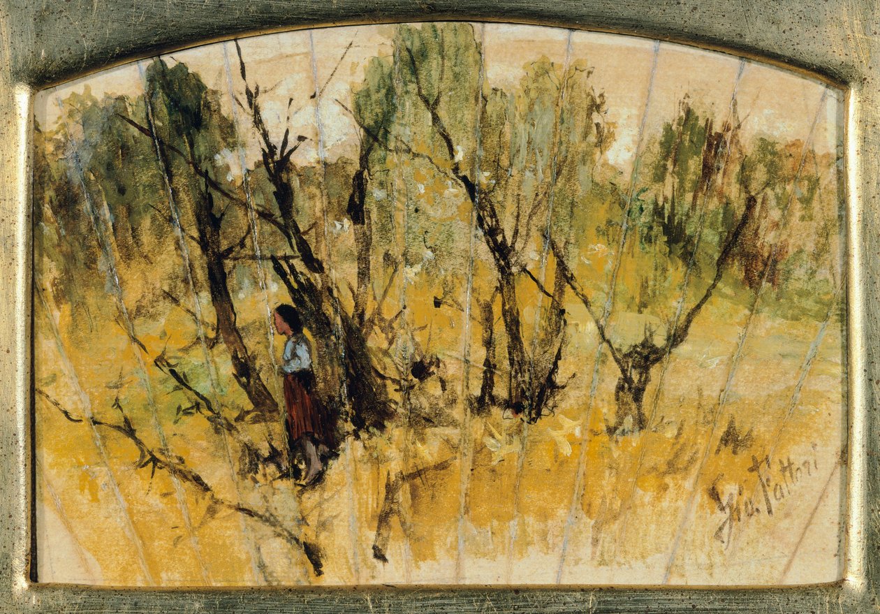 Forest with a Figure, the Study of a Fan, av Giovanni Fattori, olje på papir på lerret av Giovanni Fattori