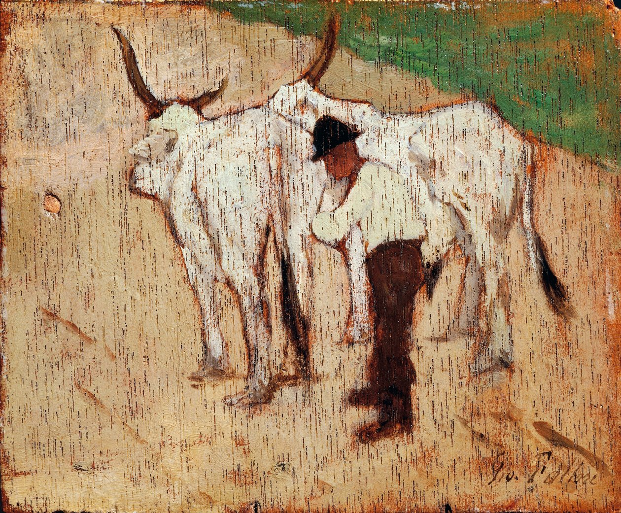 Gjeter og storfe, av Giovanni Fattori (1825-1908), olje på panel av Giovanni Fattori
