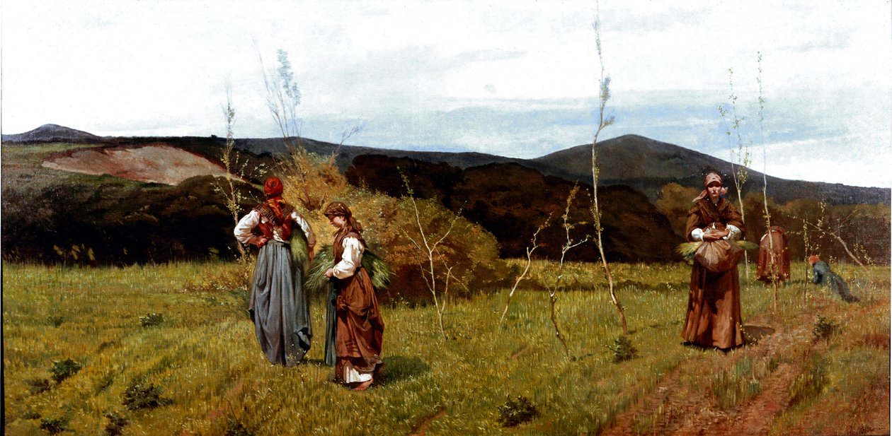 Bonde macchiaiole på åkrene under høsting. Maleri av Giovanni Fattori (1825-1908) 1866-1867 Dim. 90x180 cm Milan, privat samling av Giovanni Fattori