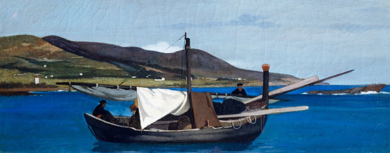 Spissen av Romito med båt og fiskere, av Giovanni Fattori (1825-1908), olje på panel, 22,5x56,5 cm av Giovanni Fattori