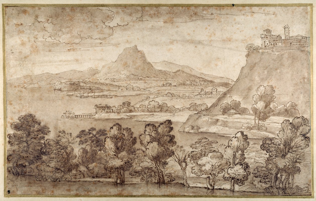 Landskap med en åsby og et mer fjerntliggende fjell (penn og brunt blekk med brun vask på hvitt papir) av Giovanni Francesco Grimaldi