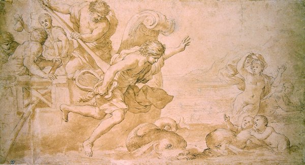 Arion og delfinene (penn og brunt blekk og vask på papir) av Giovanni Francesco Romanelli