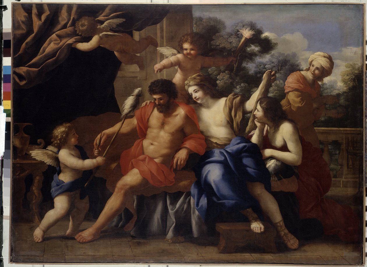 Hercules og Omphale (Hercules og Omphale). Maleri av Giovanni Francesco Romanelli (1610-1662), olje på lerret, ca 1650. Italiensk kunst av Giovanni Francesco Romanelli