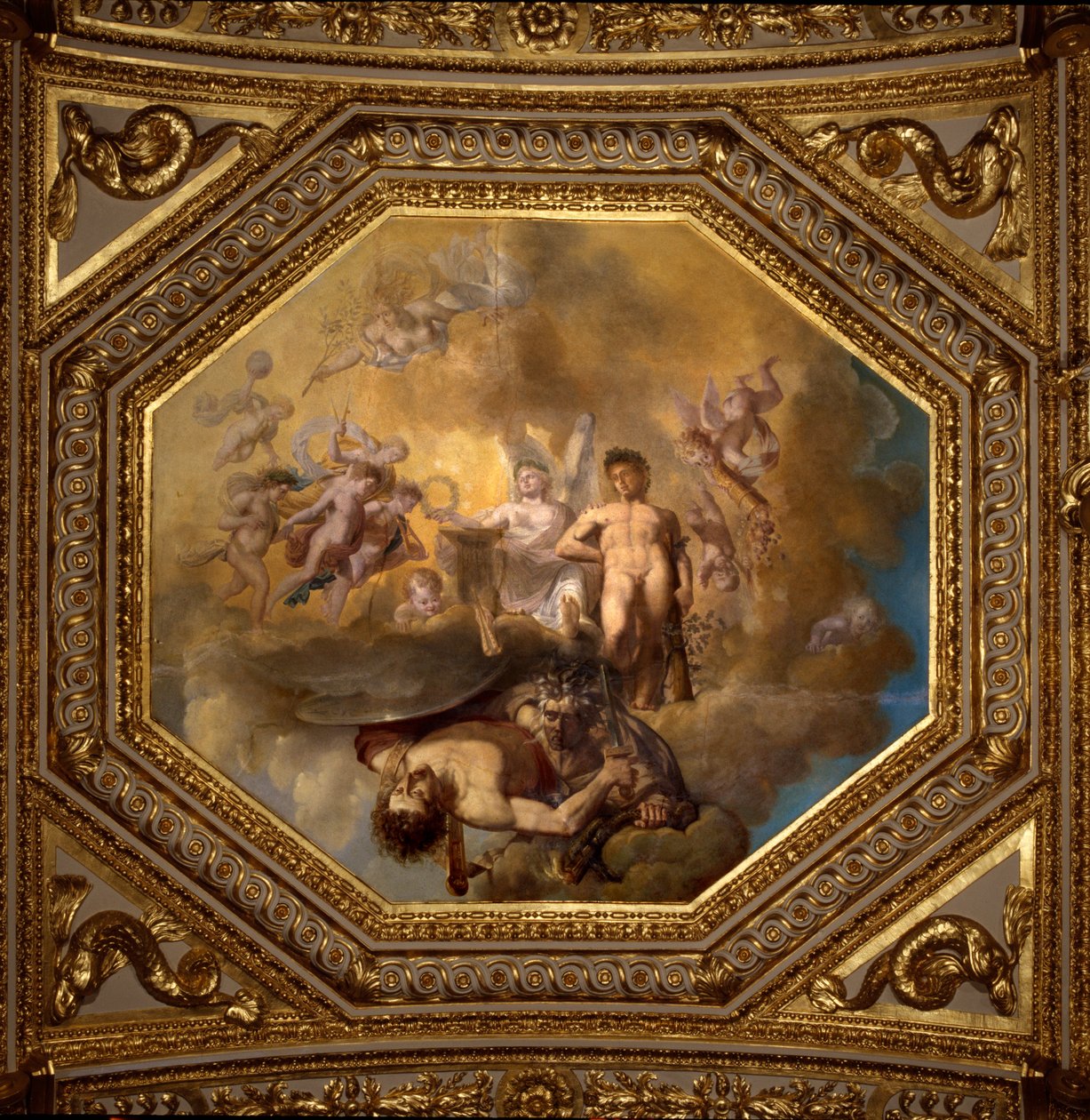 Se å drepe Meduse. Maleri av Giovanni Romanelli (1601-1662) som dekorerer taket i Antonine Hall, soverommet til sommerleilighetene til dronning Anne av Østerrike (1601-1666). Rundt 1655-1658. Paris, Louvre-museet. av Giovanni Francesco Romanelli