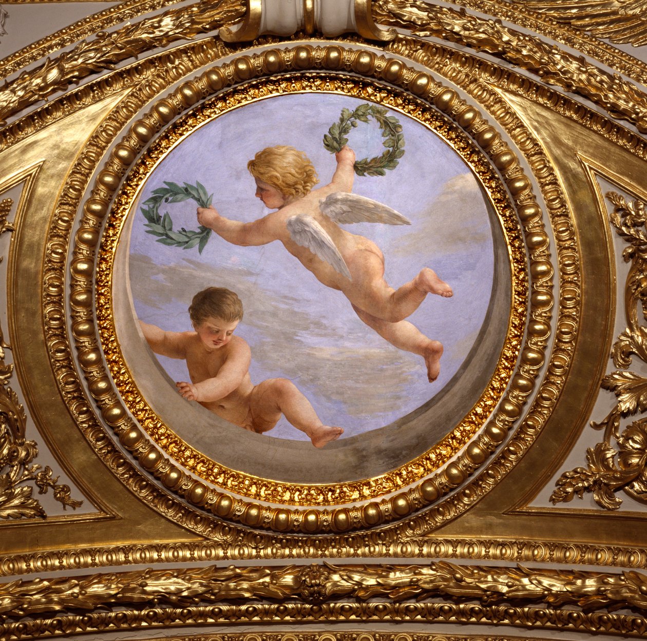 Kjærlighet til fred. Maleri av Giovanni Romanelli (1601-1662) som dekorerer taket i Antonine Hall, soverommet til sommerleilighetene til dronning Anne av Østerrike (1601-1666). Rundt 1655-1658. Paris, Louvre-museet. av Giovanni Francesco Romanelli