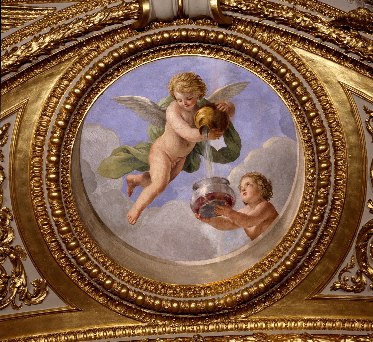 Kjærlighet til kontinens. Maleri av Giovanni Romanelli (1601-1662) som dekorerer taket i Antonine Hall, soverommet til sommerleilighetene til dronning Anne av Østerrike (1601-1666). Rundt 1655-1658. Paris, Louvre-museet. av Giovanni Francesco Romanelli