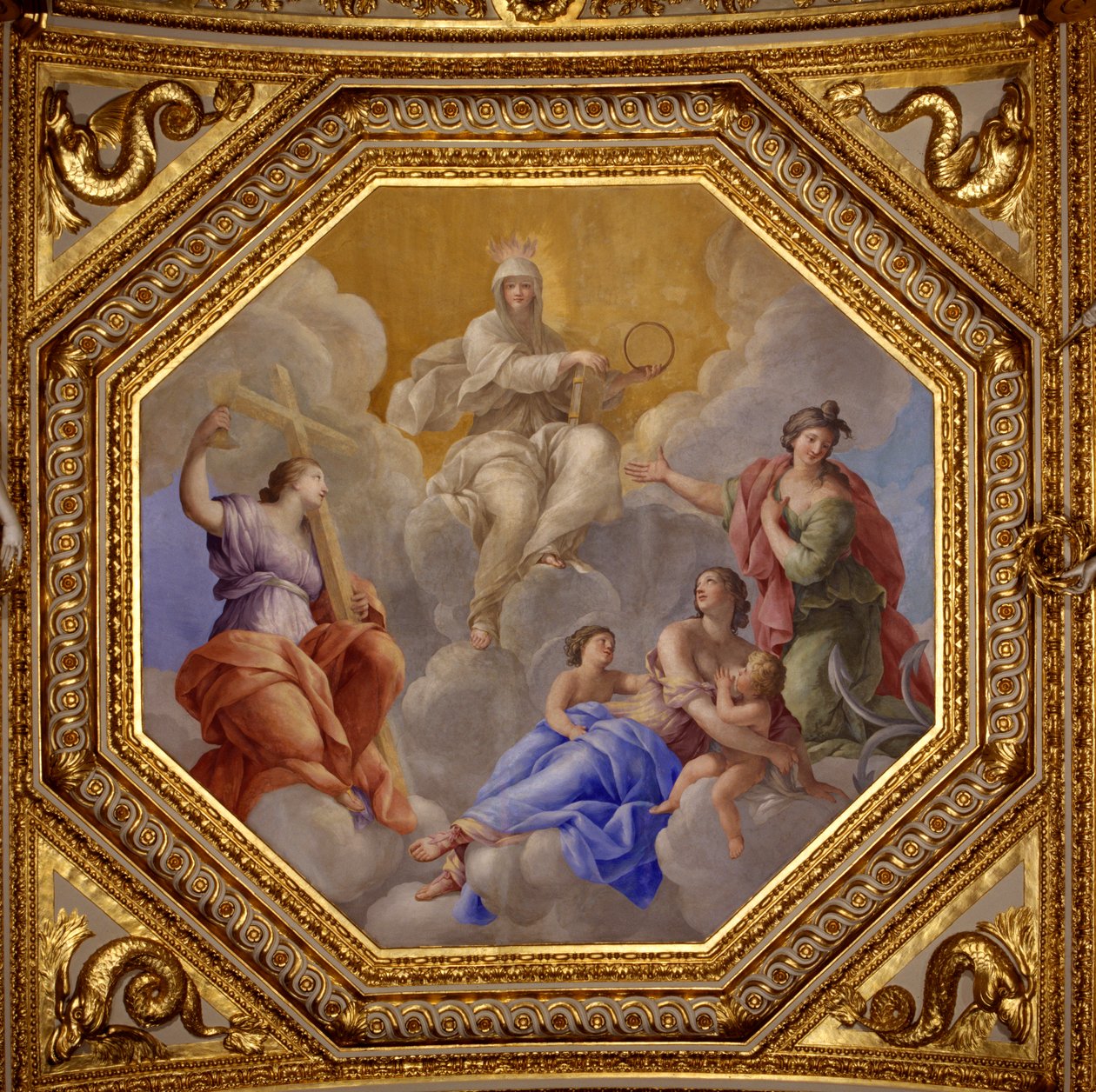 Religion og teologiske dyder (tro, nestekjærlighet, esperanse). Maleri av Giovanni Romanelli (1601-1662) som dekorerer taket i Antonine Hall, soverommet til sommerleilighetene til dronning Anne av Østerrike (1601-1666). Rundt 1655-1658. Paris, Louvre Mus av Giovanni Francesco Romanelli