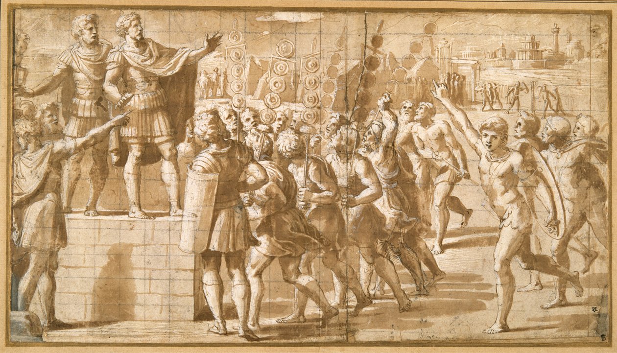 Keiser Konstantin henvendte seg til troppene sine, skremt av synet av korset på himmelen (penn og blekk på papir) av Giovanni Francesco (c.1488 1528) Penni