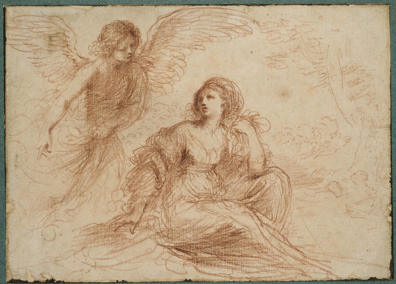 En engel viser seg for Hagar og Ismael, ca. 1653 (rødt kritt) av Giovanni Francesco Barbieri