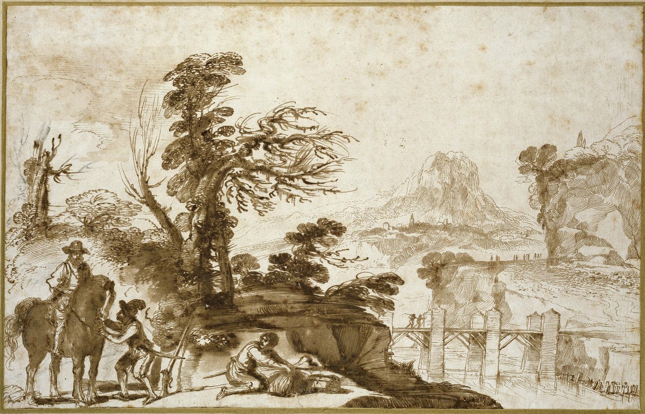 Landskap med en rytter og en bro (penn og vask i brunt blekk med litt svart kritt på off-white papir) av Giovanni Francesco Barbieri