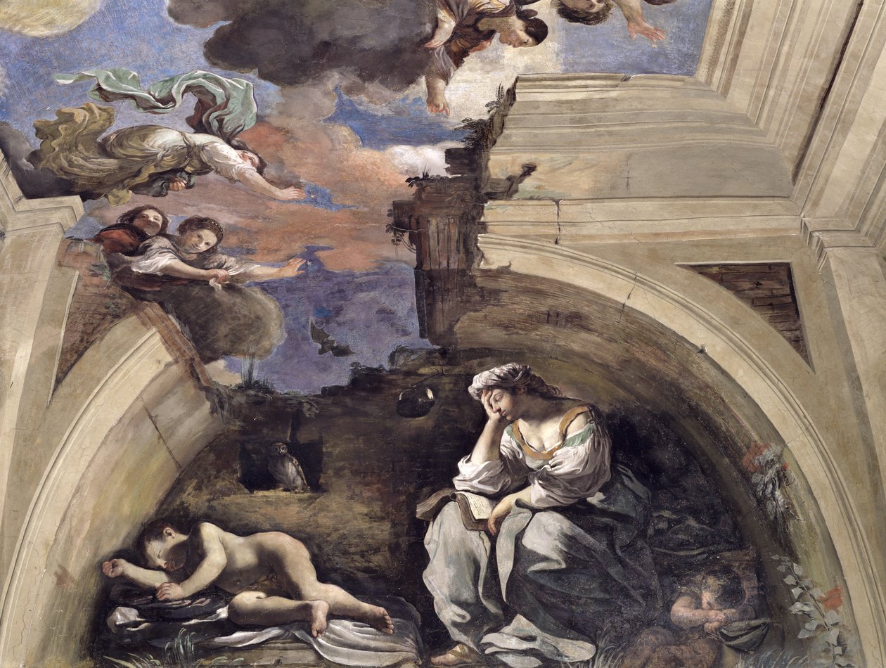 Sala di Aurora Hall of the Dawn detalj av en Allegory of Night, 1621 tempera på panel av Giovanni Francesco Barbieri