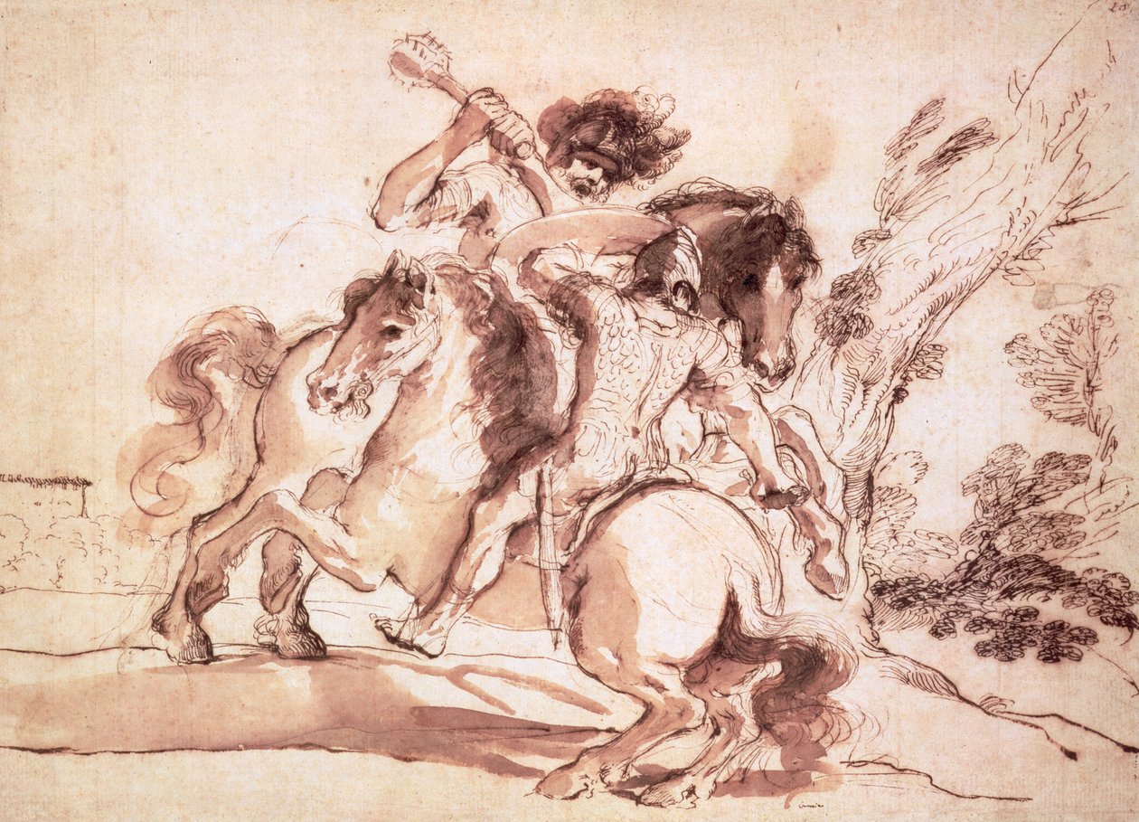 Two Horsemen Fighting (penn og blekk og vask på papir) av Giovanni Francesco Barbieri