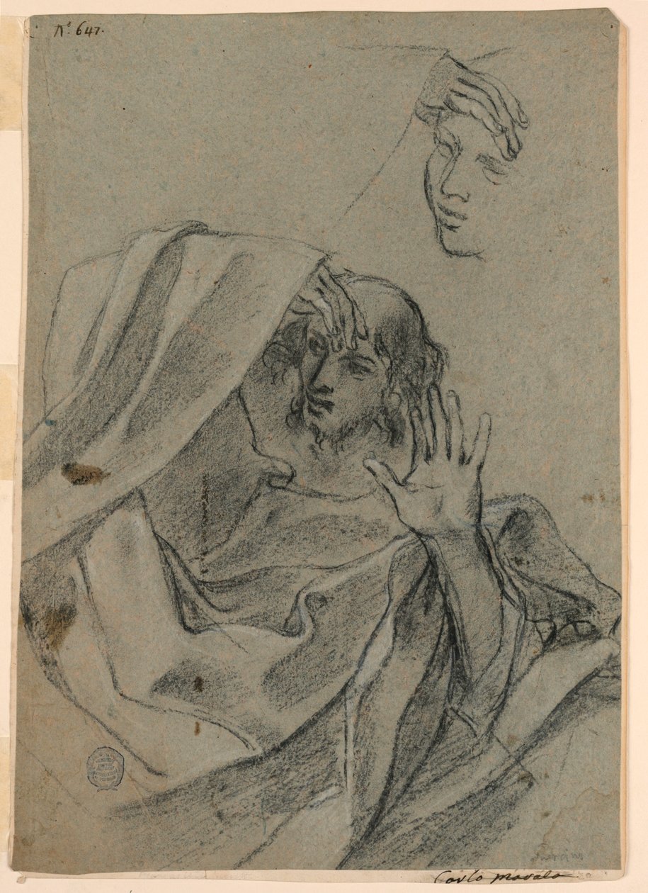 Tegnestudier med kvinneansikt og mann tilbakelent, og høyre hånd med underarm av Giovanni Francesco Barbieri