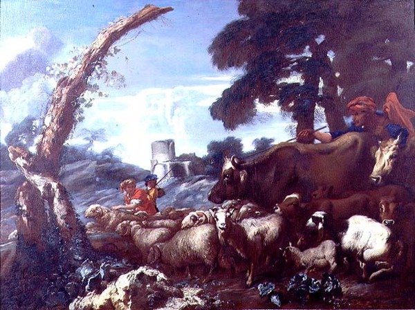 Gårdsmenn med storfe og sau av Giovanni Francesco Castiglione