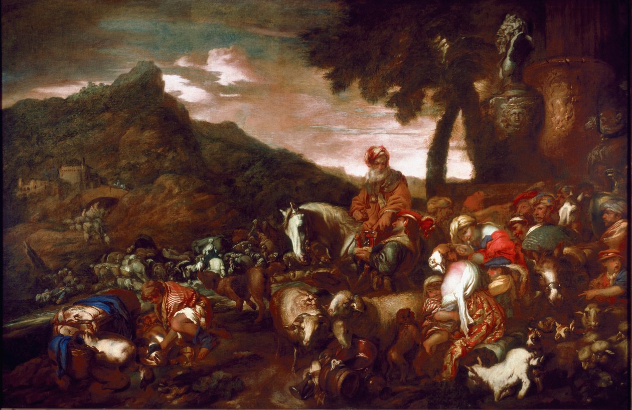 The Journey of Abraham Painting av Giovanni Benedetto Castiglione dit il Grechetto (1610-1665) 1654 Gallery of Palazzo Rosso Genes av Giovanni Francesco Castiglione
