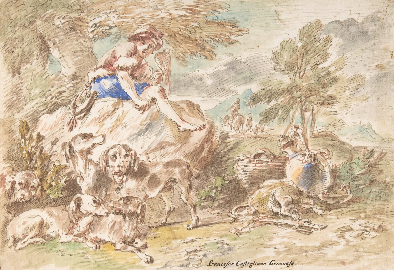 Ung jeger med hundene sine i et landskap, 1641-1710. av Giovanni Francesco Castiglione